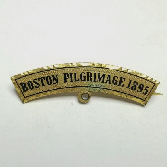 Vintage Boston Pilgrimage 1895 Brooch, Irons & Russell Makers, Gold Tone Enamel - Picture 2 of 7
